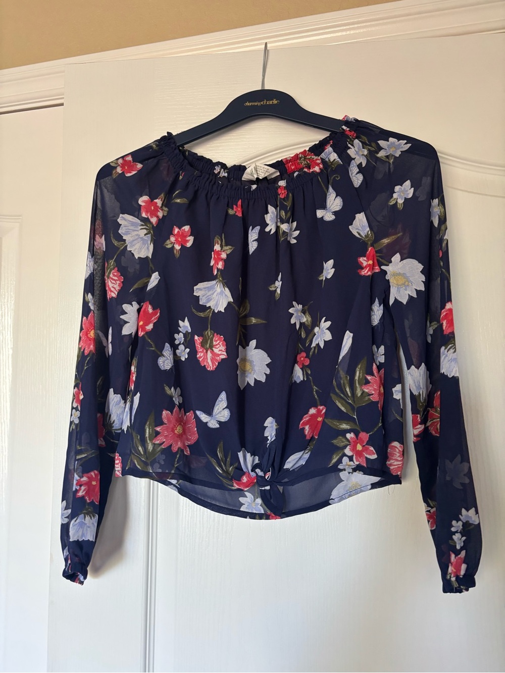 H&M Navy Floral Long-Sleeve Blouse with Red & White Flowers
